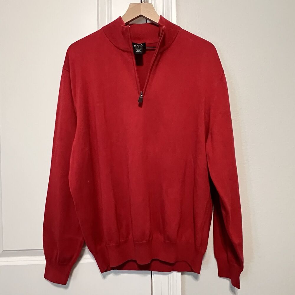Jos A Bank 1/4 Zip Pullover Sweater Men’s Medium Red Golf Preppy Holiday Cotton